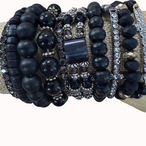 Black Beaded & Rhinestone Bracelet Stack Set Of 10 Stretchable For Wear Or Craft